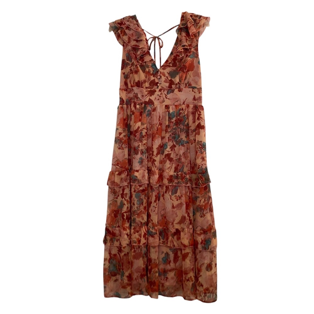 Cottagecore Floral Maxi Dress with Ruffle Sleeves & Multi Tiers Size L